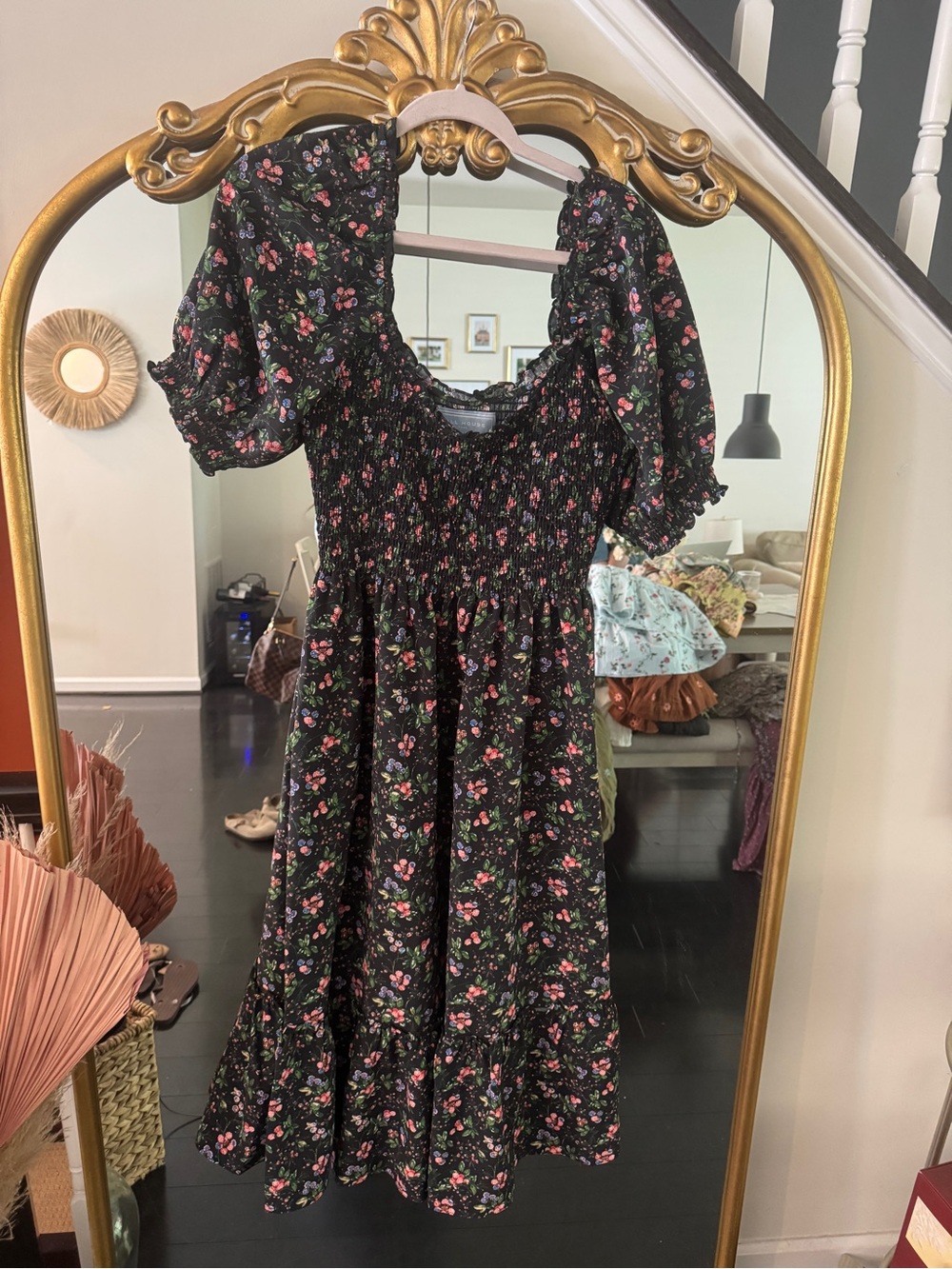Hill House Nap Dress - Smocked Puff-Sleeve Midi Dress in Black Floral
